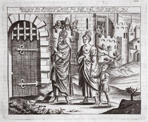 Henricus der Kaiser mit seiner Frau und seinem Kind, barfuß und barbeinig, drei Tage und drei Nächte vor den Toren von Canusuam wartend, Illustration aus Acts and Monuments von John Foxe, neunte Ausgabe von English School