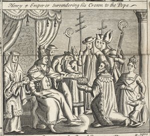 Heinrich IV. Kaiser übergibt seine Krone dem Papst, Illustration aus Acts and Monuments von John Foxe, neunte Ausgabe, veröffentlicht 1684 von English School