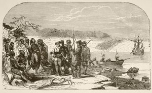Henry Hudson bietet den Indianern 1609 Alkohol an von English School