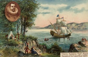 Henry Hudsons Schiff Half Moon entdeckt den Hudson River, Nordamerika von English School
