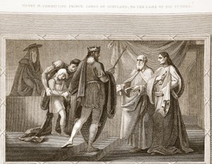 Heinrich IV übergibt Prinz James von Schottland in die Obhut seiner Lehrer, Illustration aus David Humes The History of England, veröffentlicht von R. Bowyer, London, 1812 von English School