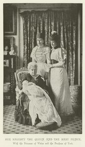 Ihre Majestät die Königin und der Baby-Prinz, mit der Prinzessin von Wales und der Herzogin von York