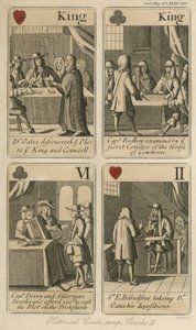Historische Spielkarten, die die Geschichte von König Karl II. erzählen von English School