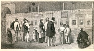 Plakatwand vor der St Benets Missionshalle und Schulen, Stepney von English School