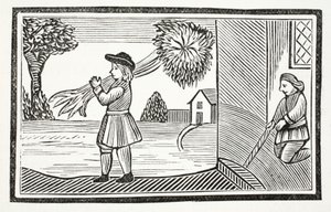Wie Tom Hickathrifts große Stärke bekannt wurde, Illustration aus Chap-books des achtzehnten Jahrhunderts von John Ashton, veröffentlicht 1882 von English School