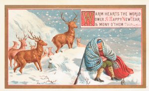 Jäger und Hirsche im Schnee, Neujahrskarte