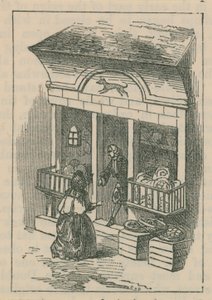 Illustration eines Mannes, der aus einem Laden tritt
