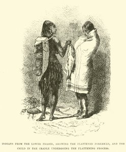 Indianer vom unteren Fraser mit abgeflachtem Stirn und Kind in der Wiege während des Abflachungsprozesses von English School