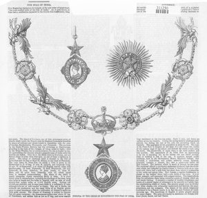 Insignien des Ordens der Ritterschaft Der Stern von Indien, aus The Illustrated London News