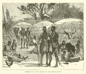 Inneres eines Zulu-Kraals am Tugela-Fluss von English School