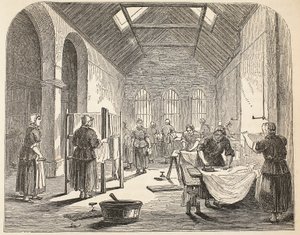 Bügelraum im Brixton-Gefängnis, Illustration aus The Criminal Prisons of London and Scenes from Prison Life von Henry Mayhew und John Binny, veröffentlicht 1862 von English School
