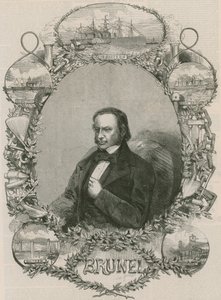 Isambard Kingdom Brunel umgeben von einigen seiner Errungenschaften von English School