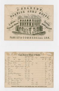 J Pearson, Warwick Arms Hotel, Visitenkarte (Vorder- und Rückseite) von English School