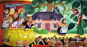 Hans und die Bohnenranke, beobachtet von Teddybären