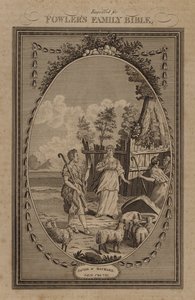 Jakob und Rahel, Genesis, Kapitel 29, Vers 10 (Gravur)