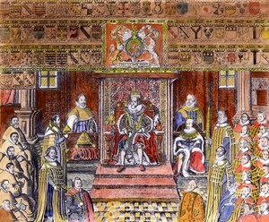 Jakob I. von England (1566-1625) am Hof (Gravur) (spätere Kolorierung)