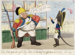 John Bull bewacht den Spielzeugladen, oder Boney weint nach mehr Spielzeug, veröffentlicht von S.W. Fores, 1803 (farbige Radierung)