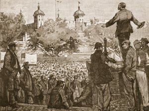 John Burns spricht zu einer Versammlung von Hafenarbeitern am Tower Hill, 1889, Illustration aus Cassells Illustrierter Geschichte Englands von English School