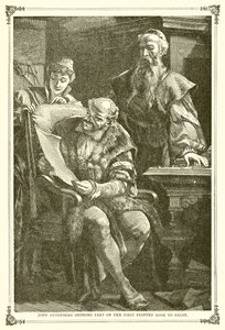 Johannes Gutenberg zeigt einen Teil des ersten gedruckten Buches Faust