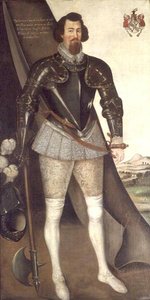John Nedham in Rüstung mit einer Axt von English School