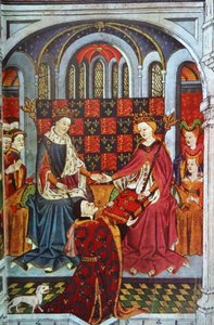 John Talbot, Earl of Shrewsbury, überreicht ein Buch an Heinrich VI. und Margarete von Anjou (Pergament)