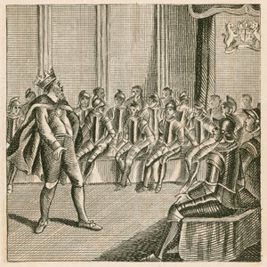 König Heinrich III. betritt das Parlament und findet die Barone in Rüstung gekleidet von English School