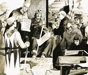 König Johann bereitet sich darauf vor, die Magna Carta in Runnymede zu unterzeichnen von English School