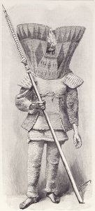 Kingsmill-Insulaner in voller Rüstung, aus Die Geschichte der Menschheit, Bd.1, von Prof. Friedrich Ratzel, 1896