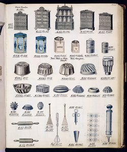 Küchenlager und Utensilien aus einem Handelskatolog für Haushaltswaren und Einrichtungsgegenstände, ca. 1890-1910