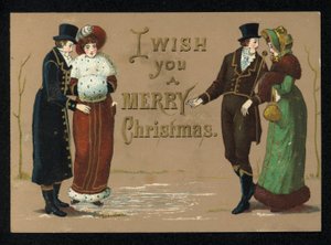 Damen und Herren in ihren Winterkleidern, Weihnachtsgrußkarte