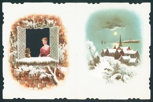 Dame schaut aus dem Fenster und Dorfszene, Weihnachtskarte