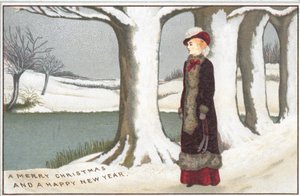 Dame am Seeufer stehend, Weihnachtskarte