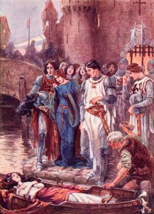 Lancelot betrachtet die tote Lady of Shalott bei ihrer Ankunft in Camelot. Farbige Illustration aus dem Buch The Gateway to Tennyson, veröffentlicht 1910. von English School
