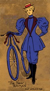 Frau aus dem späten 19. oder frühen 20. Jahrhundert und ihr Fahrrad, ein Symbol für den Beginn der Frauenbefreiung
