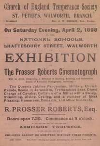 Flugblatt, das eine Ausstellung des Prosser Roberts Kinematographen bewirbt von English School