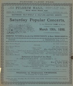Flugblatt zur Werbung für die Samstagspopulärkonzerte in der Pilgrim Hall von English School