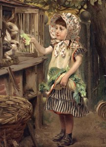 Kleines Mädchen füttert Kaninchen