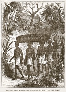 Livingstones Anhänger bringen seinen Körper zur Küste, Illustration aus der Bildausgabe des Lebens und der Entdeckungen von David Livingstone von J. Ewing Richie, veröffentlicht von A. Fullarton & Co., 1876 von English School