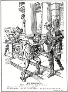 Lloyd George und Bonar Law im Koalitions-Golfclub, aus Angst vor der Anti-Waste-Liga müssen sie auf den Luxus von Caddies verzichten, Dezember 1920 von English School