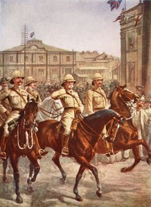 Lord Roberts betritt die Stadt Kimberley nach der erfolgreichen Befreiung einer viermonatigen Belagerung durch die Buren, Illustration aus Hutchinsons Geschichte der britischen Nation, ca. 1920