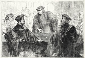 Luther und Zwingli diskutieren in Marburg, Illustration aus Die Geschichte des Protestantismus von James Aitken Wylie, veröffentlicht 1878