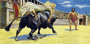 Lygia war an den Rücken eines schwarzen Stiers gebunden