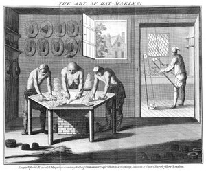Herstellung von Biberhüten, aus The Universal Magazine, London, veröffentlicht 1750