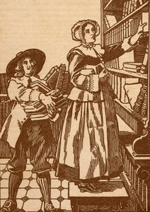 Männliche und weibliche Buchhändler, die in einer Buchhandlung des 17. Jahrhunderts arbeiten von English School