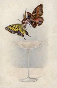 Mann und Frau, als Schmetterlinge, schweben über einem Glas Champagner