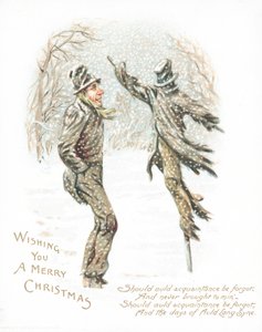 Mann schaut auf Vogelscheuche, Weihnachtskarte von English School
