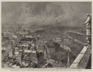 Manchester illustriert, Vogelperspektive der Stadt vom neuen Rathausturm (Gravur) von English School