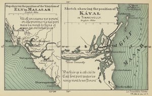 Karte, die die Position des Königreichs Ely in Malabar zeigt, Skizze, die die Position von Kayal in Tinnevelly zeigt (Farblithographie)