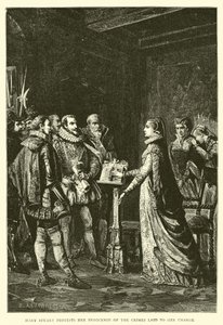Maria Stuart protestiert ihre Unschuld an den ihr vorgeworfenen Verbrechen von English School