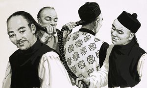 Messen der Zöpfe eines Chinesen von English School